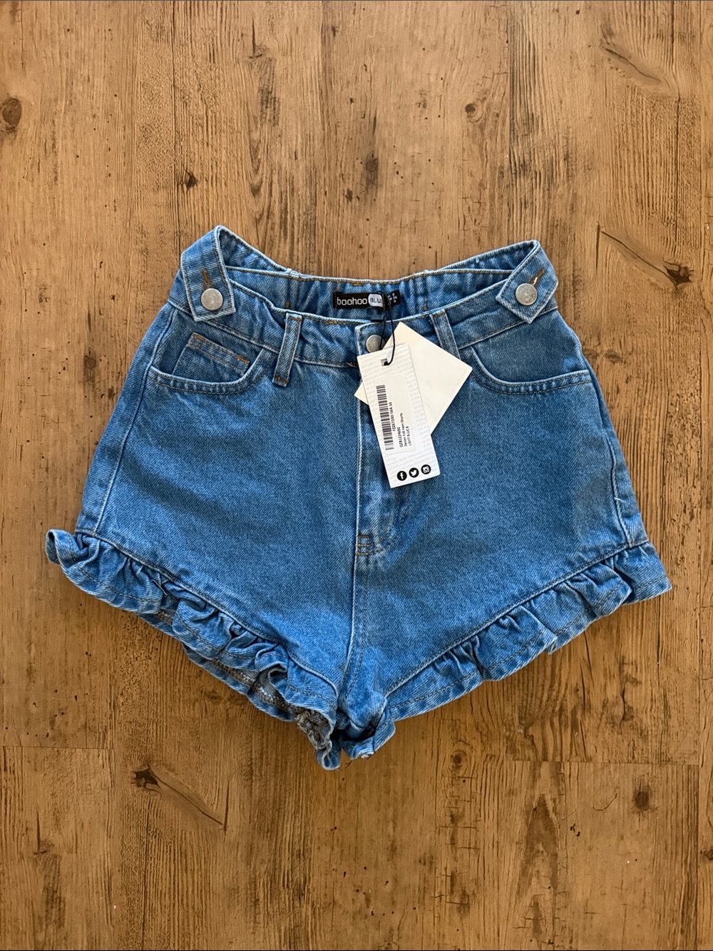 Boohoo Blue Ruffle Hem Denim Shorts